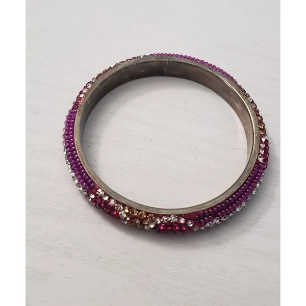 Vintage Bracelet / Bangle - Pink, Clear Gems & Light Gold Tone Gems 7" - Image 4