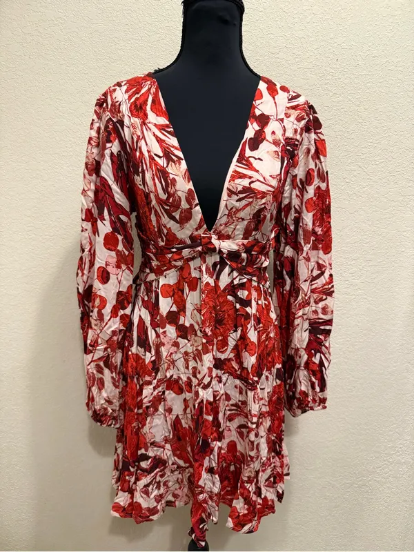 En Creme Floral Mini Dress Boho Cottagecore Open Back Plunge Long Sleeve M - Image 2