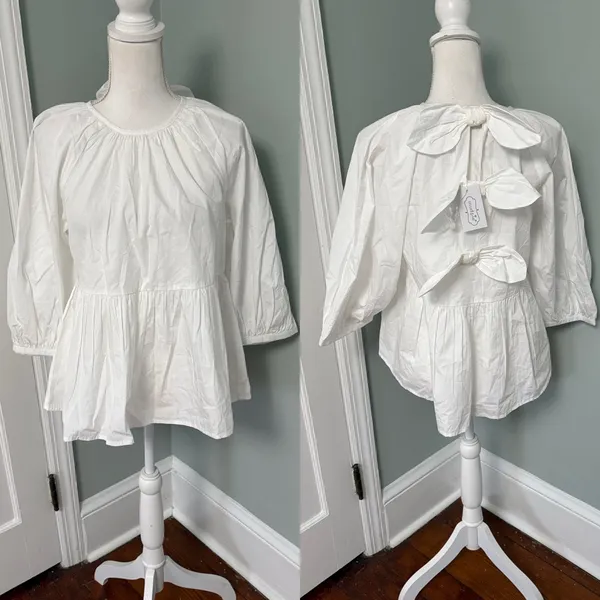NWT Mud‎ Pie White Peplum Blouse Bow Back Size Small - Image 2