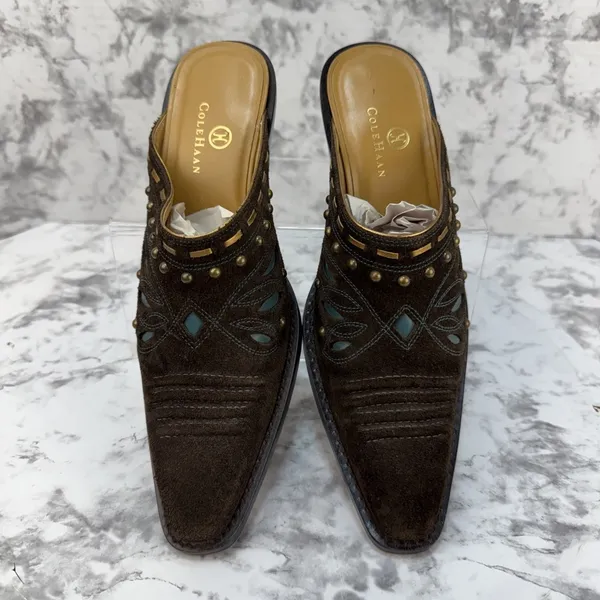 Cole Haan Western Heeled Mules Size 7 Brown Suede Turquoise Studded Butterfly - Image 2