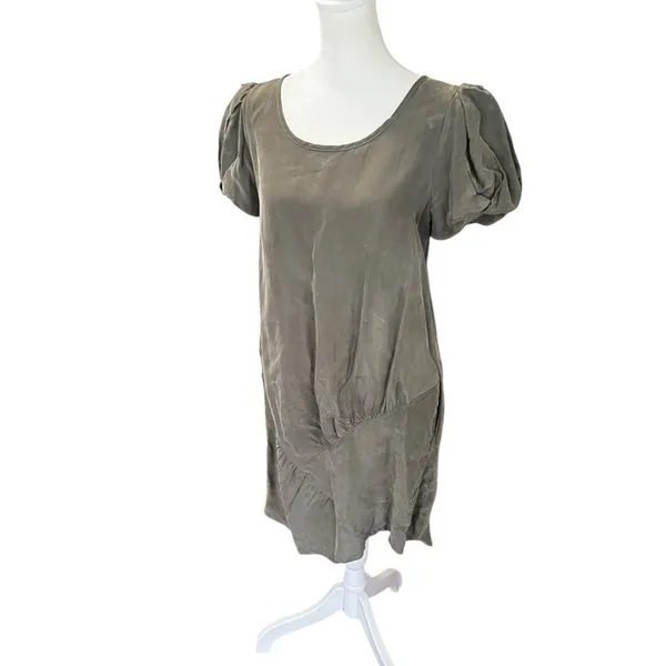 Marni 100% Silk Olive Green Ruched Puff Sleeve Shift Mini Dress M - Image 4
