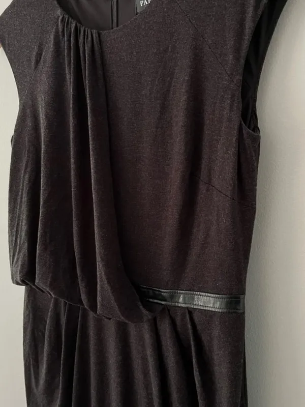 Adrianna Papell Draped Black Dress Faux Leather Trim Size 6 Midi Sleeveless - Image 3