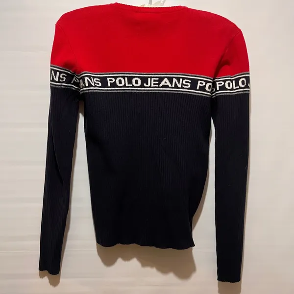 Polo Jeans Co Ralph Lauren Women's Red Navy Blue Striped‎ Logo Sweater Size S - Image 3