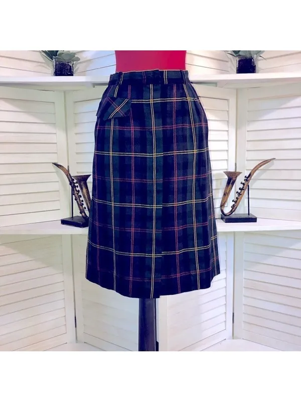 Vintage plaid midi skirt wool high waist USA preppy academia patchwork Heritage - Image 2