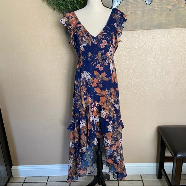 NWOT Lulus Stunning Favorite Navy Blue Floral Ruffled High-Low Maxi Dress - Image 9