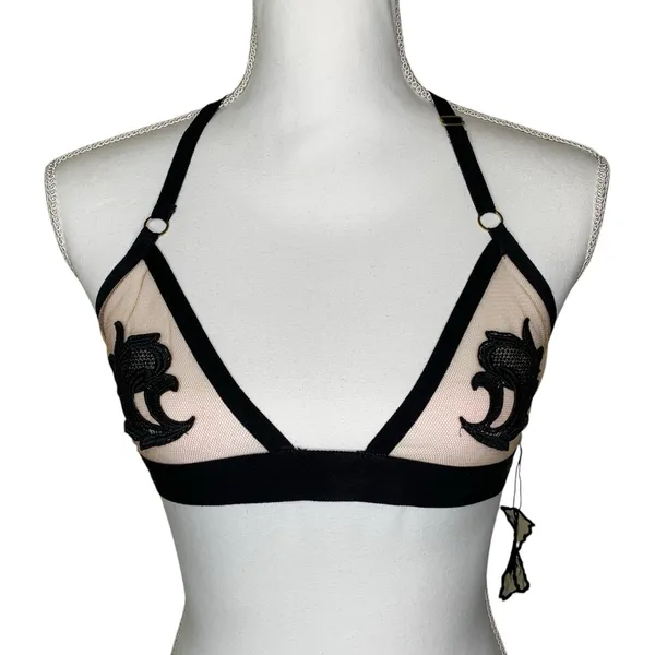 For Love & Lemons Skivvies Black Nude Floral Applique T Strap Bralette S NWT - Image 3