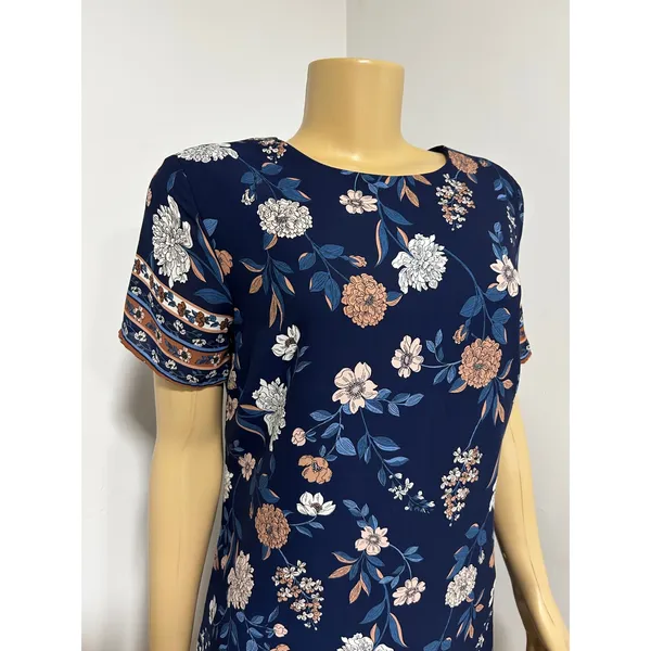 Lulus Navy Blue Floral Shift Mini Dress Short Sleeve Crew Neck M Made in USA - Image 2