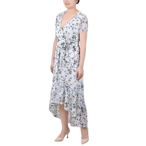 NWT Ny Collection Petite Short Sleeve High Low Hem Chiffon Dress Blue Floral PL - Image 3