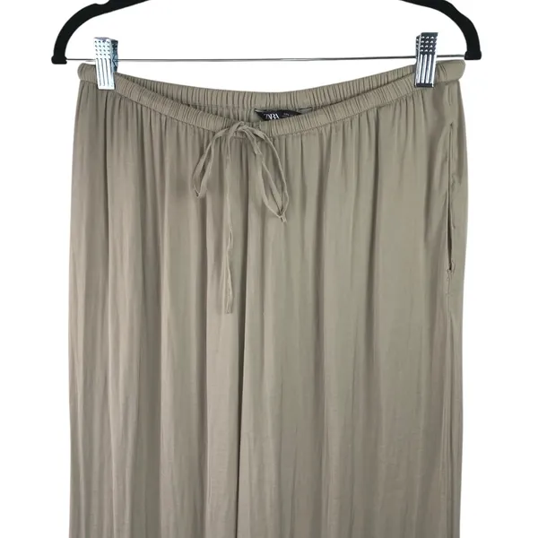 Zara Women's Beige Khaki High Waisted Drawstring Wide Leg Trousers Pants Size L - Image 4