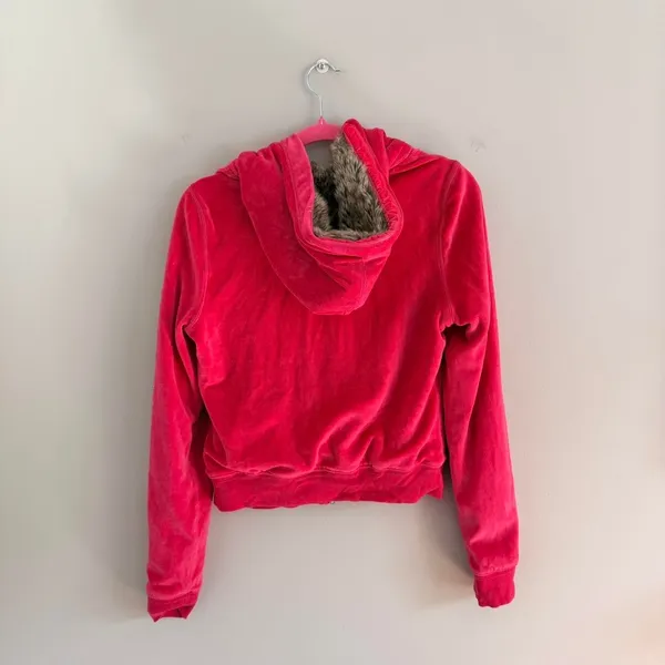 Y2k Pink Victoria'S Secret Rhinestone Embellished Velour Fur Hood Zip Up Jacket - Image 7