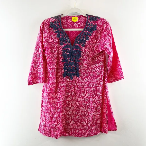 Roller Rabbit 3/4 Length Sleeve Embroidered V Neck Tunic Top Pink Blue XS - Image 2