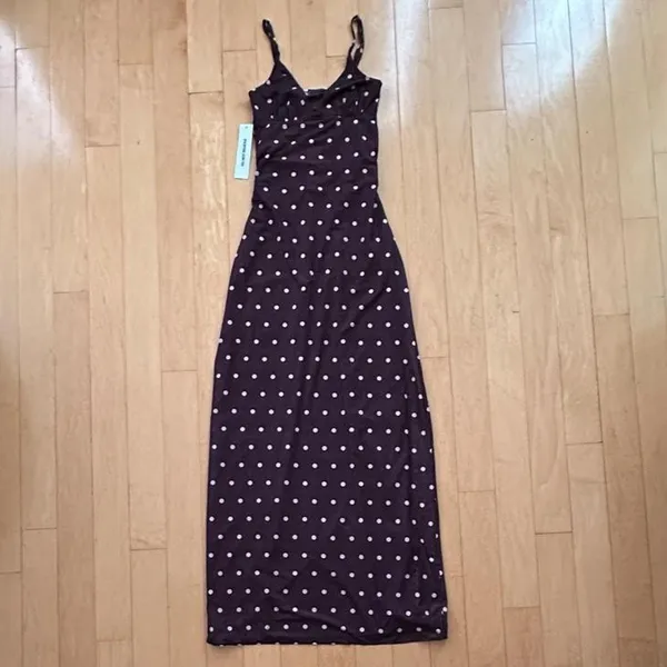 Princess Polly glass half full mesh brown and pink polka dot maxi dress - Image 2