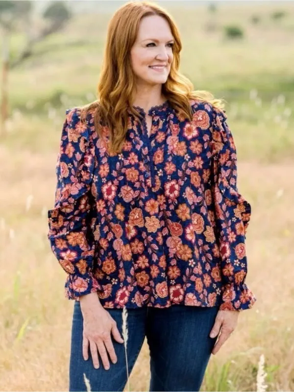 The Pioneer Woman XL Floral Pleated Ruffle Henley Blouse Boho NWT - Image 3