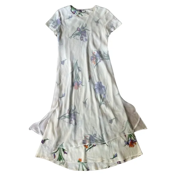 Vintage Ivory Iris Chiffon Sheer Overlay High-Low Floral Midi Dress Size 14 Mica - Image 3