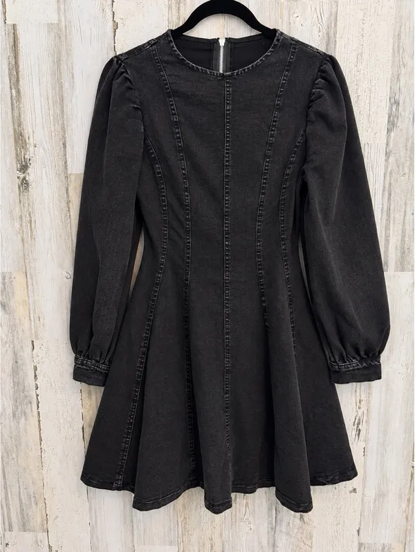 Black Acid Wash Denim Fit & Flare Mini Dress Puff Sleeve Size Small - Image 2
