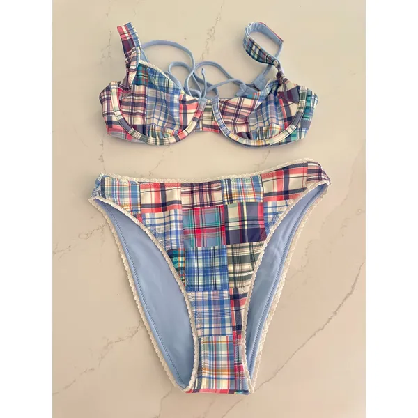 ABERCROMBIE & FITCH Reversible Bikini Top & Bottoms in Blue Plaid Size XS - Image 5