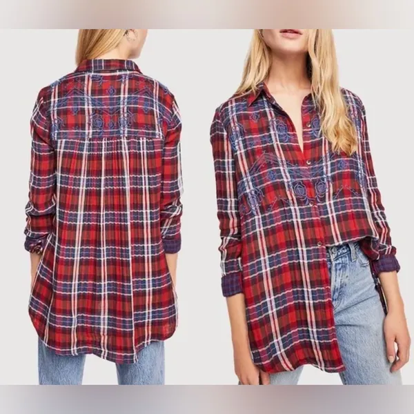 Free People Magical Plaid Boho Cottage Embroidered Cotton Button Down size small - Image 2