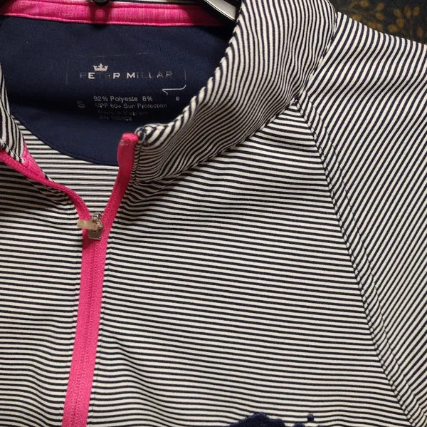 Peter Millar Striped Navy and White Pullover with Pink Trim - Image 2