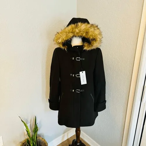 Cole Haan‎ Wool Blend Faux Fur Trim Hooded Coat, Brown, Size 4, NWT - Image 7