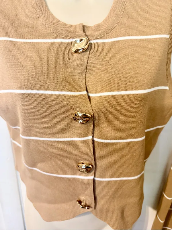 LA DIOSA L Khaki Stripe Knit Vest & Wide Leg Pants Set Gold Buttons NWT - Image 6