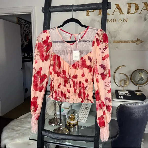 Free People Daphne Floral Lace Smocked Long Sleeve Blouse Romantic Combo Size XS - Image 3
