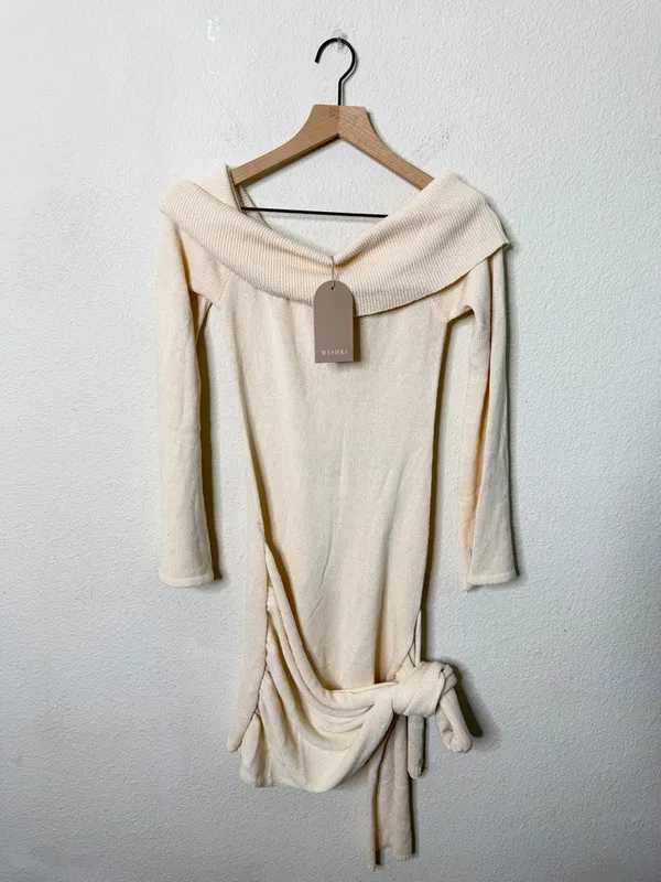 NWT‎ Meshki Camryn Off Shoulder Tie Knit Mini Dress Cream Marle Women’s Size L - Image 7