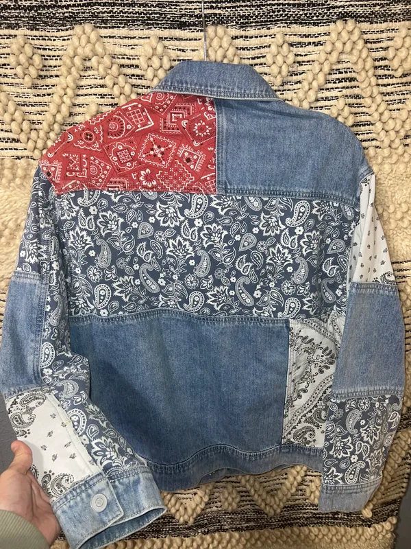 Anthropologie Faria Patchwork Denim Trucker Jacket - Image 10