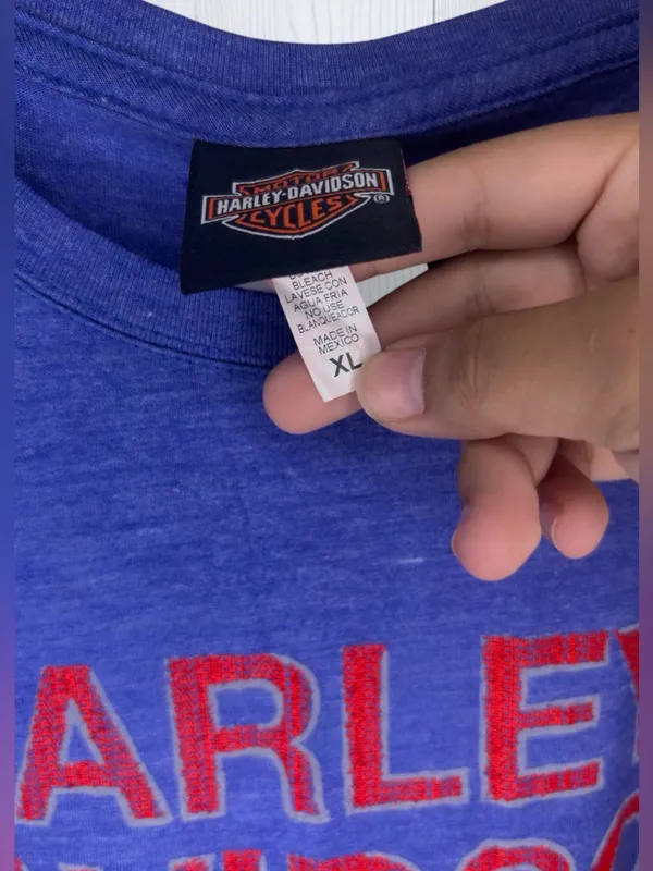 HARLEY DAVIDSON Vintage Royal Blue Heather Graphic T-Shirt | Red Spellout Logo - Image 6