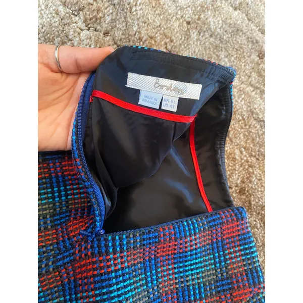 Boden Boucle Tweed Plaid Fringe Trim Mini Pencil Skirt Multicolor Flap Pocket - Image 6