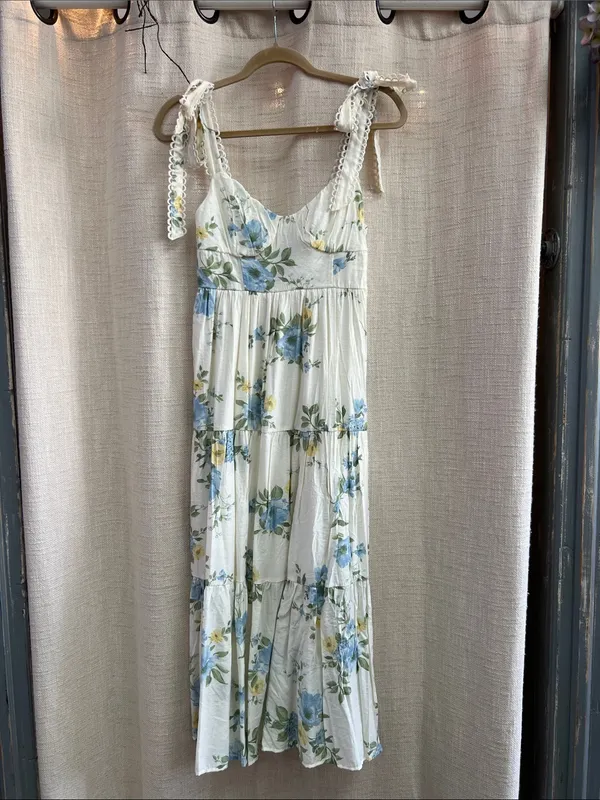 White Blue Yellow Floral Tiered Midi Dress Lace Tie Straps Small - Image 6