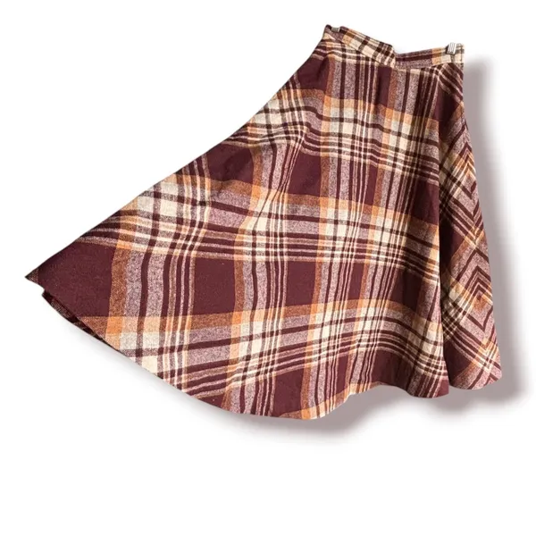 Vintage 70s Plaid Wool Blend Midi Skirt Burgundy Tan A Line AcademiaHeritage - Image 2