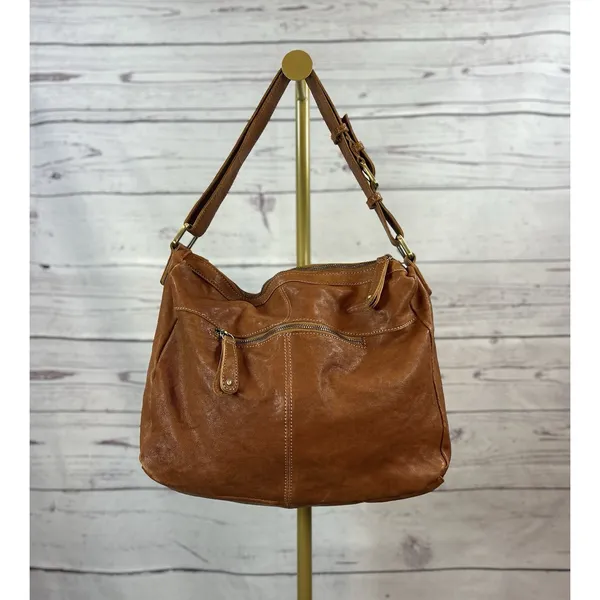 Chocolat Blu Brown Leather Hobo Shoulder Bag Multi Pocket Zip Boho Satchel Purse - Image 9