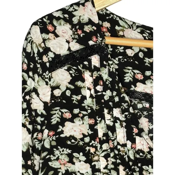 Maeve‎ Anthropologie Floral Lace Trim Blouse Womens 10 Black Boho Pleated Rayon - Image 9