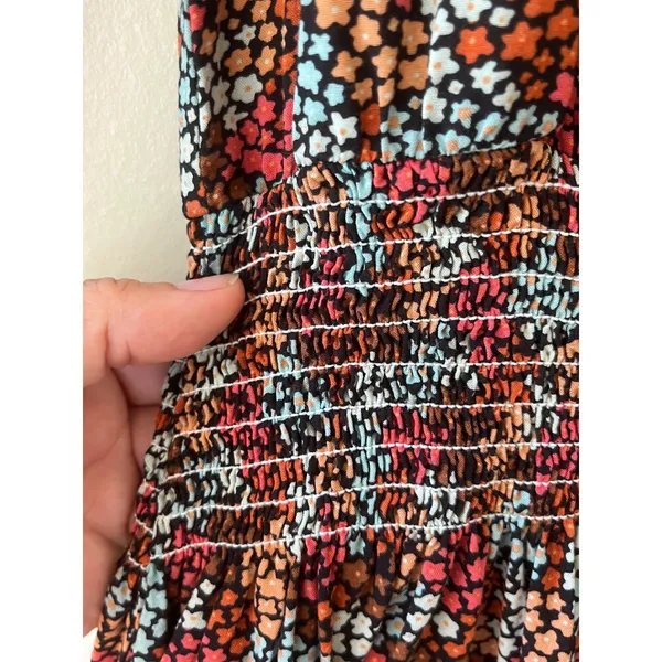 Rock & Roll Cowgirl Sz L Ditsy Floral Print Flowy Mini Dress Rust Copper Smocked Waist - Image 4