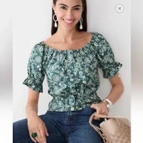J.Crew Floral Puff Sleeve Smocked Peplum Top Green‎ Cotton Blouse Medium - Image 2
