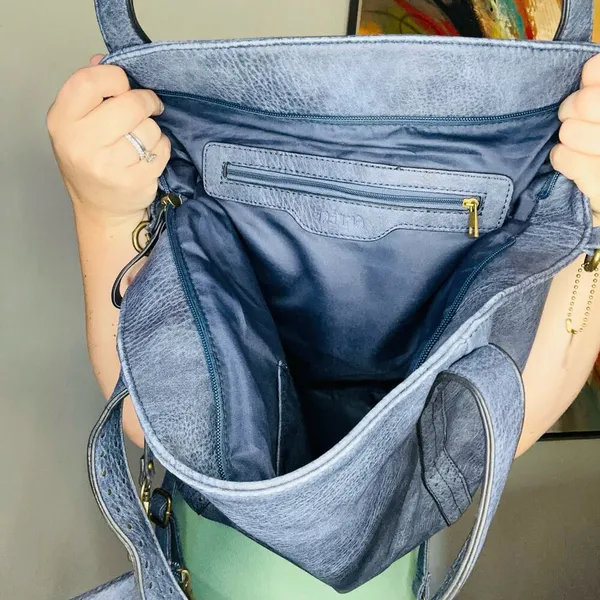 AMPERE Vegan Blue Leather The Amelie Tote Brass Hardware Coin Purse Shoulder Bag - Image 4