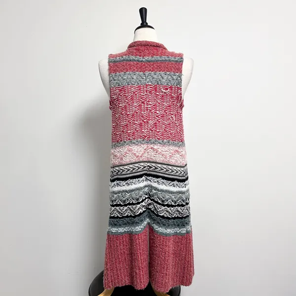 Anthropologie Sleeping On Snow Red Ivory Quillins Jacquard Open Vest Duster M/LP - Image 4