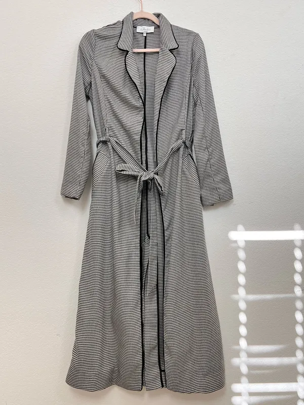 L'Academie Black White Houndstooth Long Trench Coat Women's Small Belted - Image 3