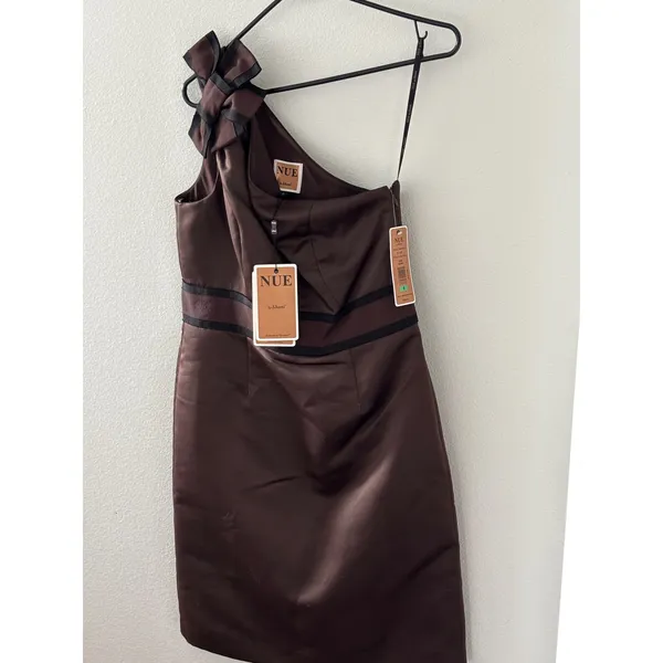 NUE by Shani‎ Brown One Shoulder Bow Cocktail Dress Shapewear Built In Sz 8 S147 - Image 8