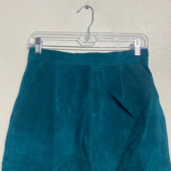 Fashion House Teal Suede Leather High Waist Mini Skirt Vintage Sz 10 - Image 3
