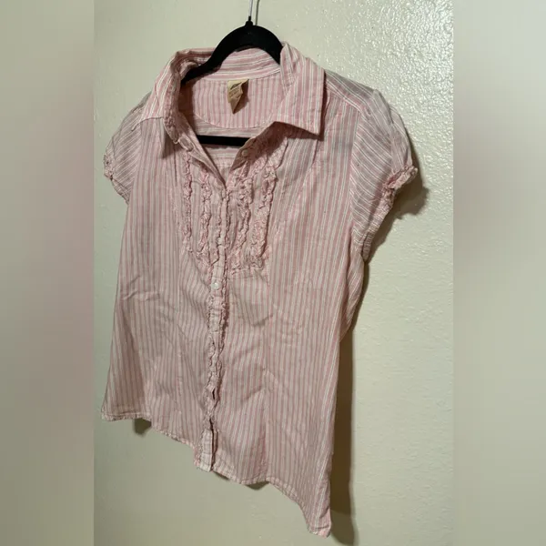 Faded Glory Pink Striped Button Up Blouse Ruffle Top | Cottagecore Casual Shirt - Image 3