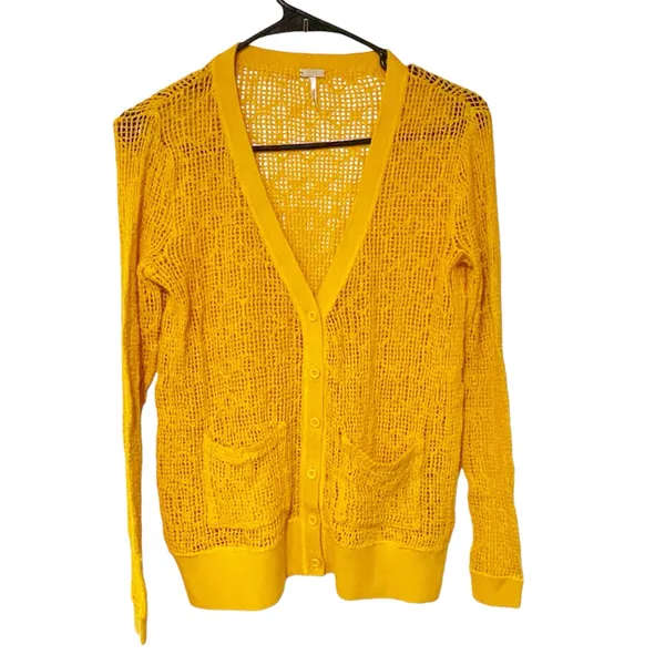 Free People FP‎ Beach Size Small Open Knit Mustard Yellow Cardigan - Image 2