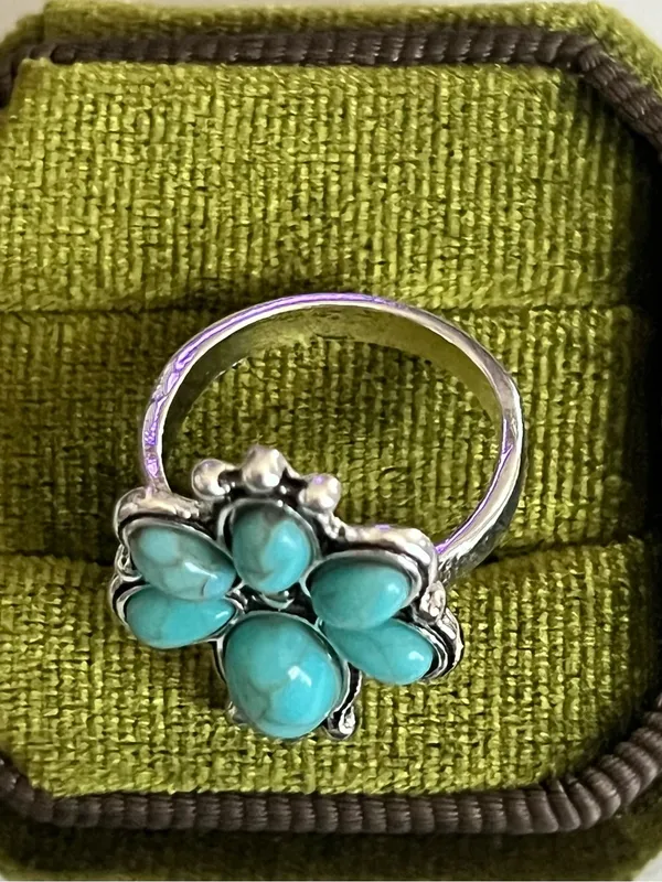 Bohemian Blue Turquoise Cluster Design Stainless Steel Statement Ring Size 6 - Image 3