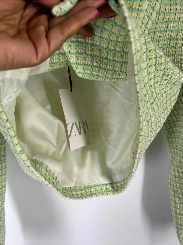 ZARA NWT Green Tweed Cropped Blazer Pearl Buttons Size XS - Image 10