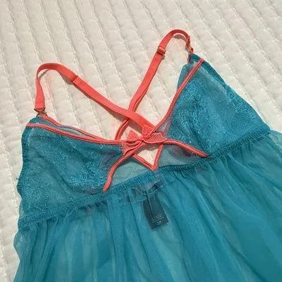 Victoria’s Secret Sheer Blue Coral Neon Lace Mesh Babydoll Lingerie Sz S Small - Image 6