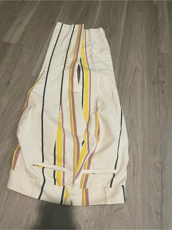 Anthropologie White Cotton-Blend Pants with Yellow & Pink Stripes - Image 3