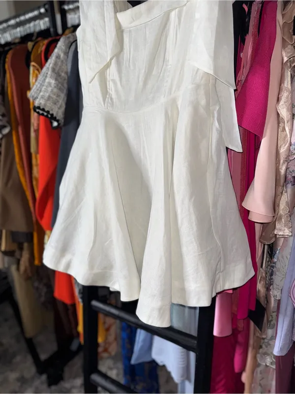 Dissh Aisle White Linen Bow Strap Mini Dress 100% Linen US 6 EUC - Image 8