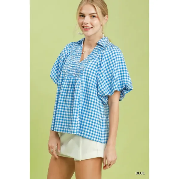 Umgee Smocked Yoke Puff‎ Sleeve Gingham Blouse - Small - Image 2