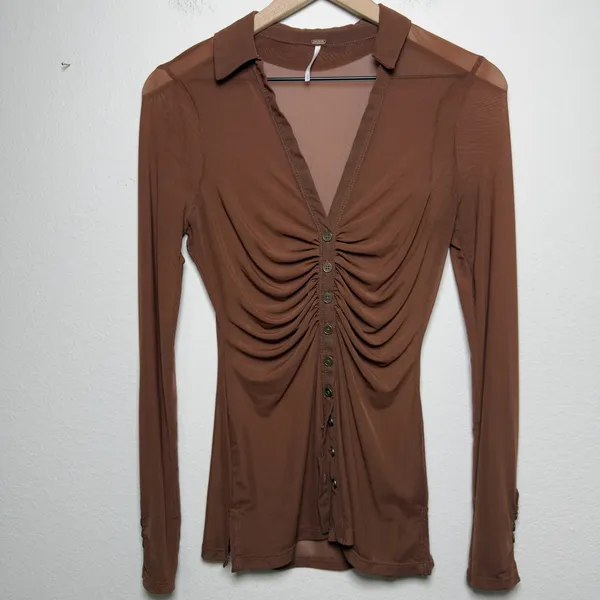 Free People Women Lucky Mesh Shirtee Top XS Brown‎ Mesh Ruched Button Up - Image 3