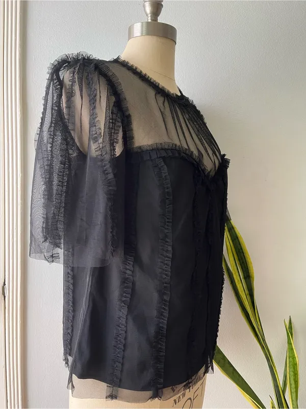 Boden• Black Mesh Ruffle Lace Blouse• Sz 8 - Image 2